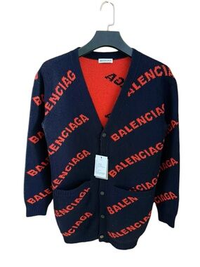 🚩steal Balenciaga Navy and Red Logo Knit Cardigan